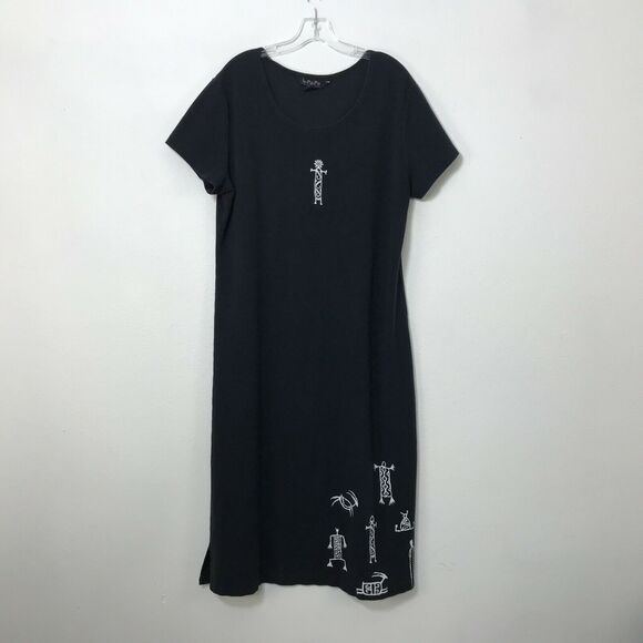 Bfofo Designs Midi Dress Size L Black Short Sleeve Cotton Hieroglyphics Womens - Picture 1 of 9